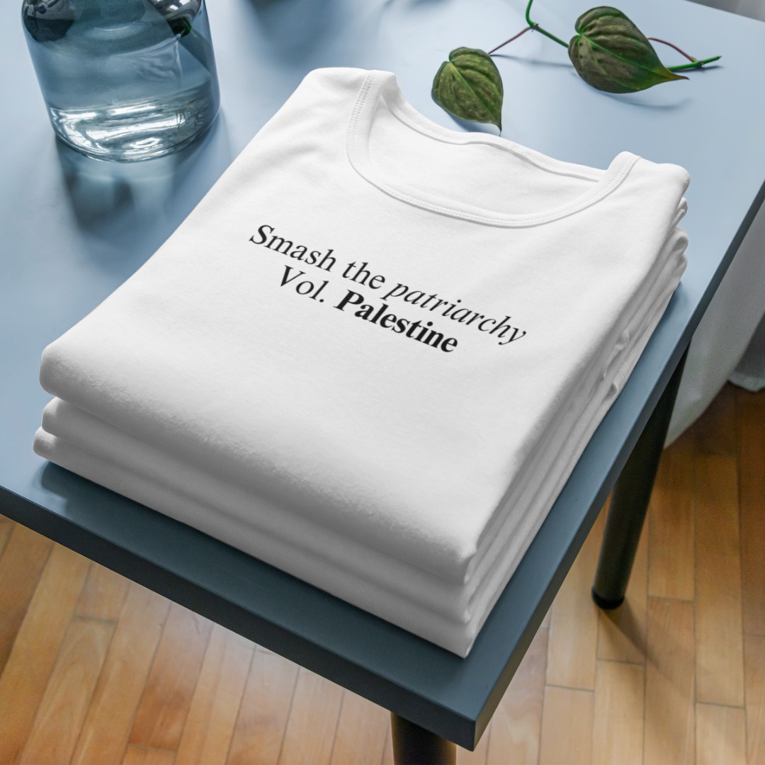 Maglietta bianca Smash the Patriarchy Vol. Palestine